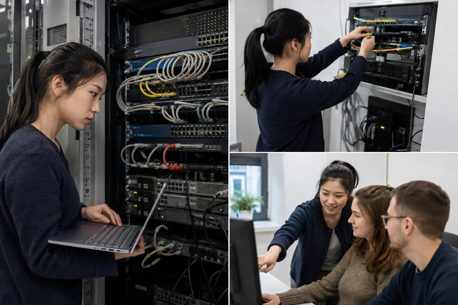 IT-System-Elektronikerin verkabelt einen Serverschrank